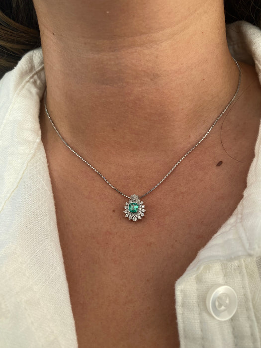 Vintage Platinum Emerald & Diamond Pendant Necklace