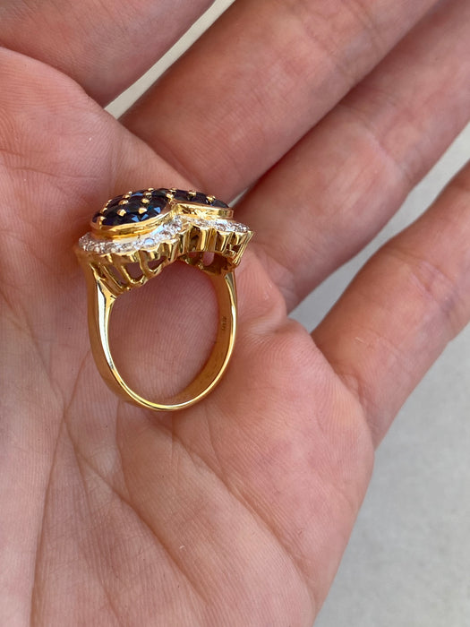 Vintage 18K Gold Blue Sapphire & Diamond Heart Ring