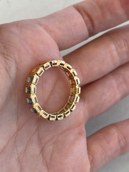 14K Gold 4.89 Carat Rainbow Sapphire Emerald Cut Eternity Ring Size 8