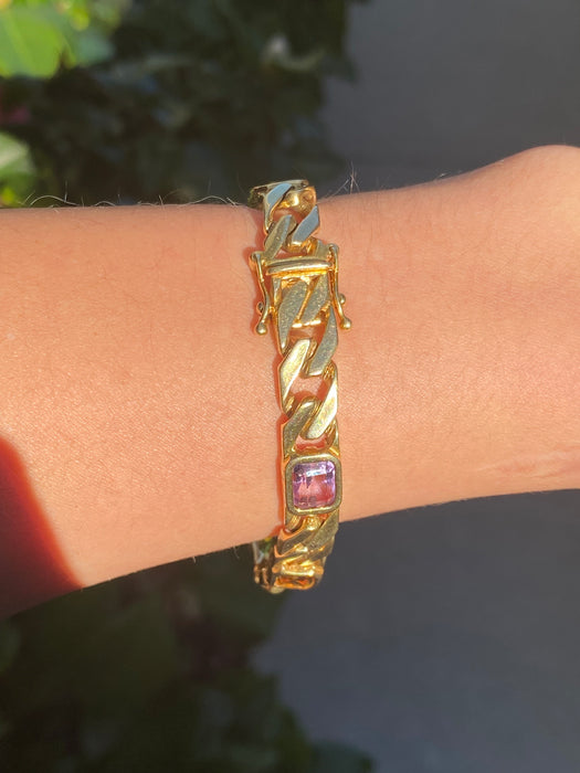 Vintage 14k Solid Gold Rainbow Gemstone Curb Bracelet | Emerald Cut Peridot Amethyst Citrine | 7”