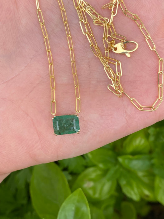 14K Gold Natural Emerald Paperclip Necklace – 2.24 CT Emerald Cut Emerald