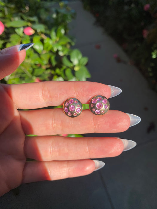 14K Gold Pink Flush Set Button Sapphire Stud Earrings