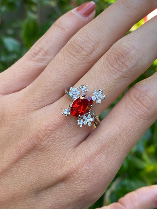 Platinum 900 diamond flower sunstone ring size 6.25