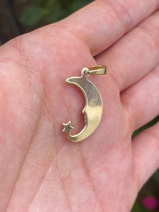 14k puffy moon with star charm pendant