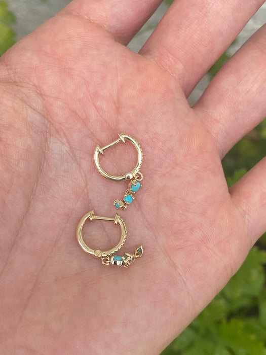 14K Gold Diamond Huggie Earrings with Turquoise Dangle Charms