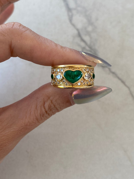 Vintage 18K Gold Heart Emerald & Pear Diamond Cigar Band Ring