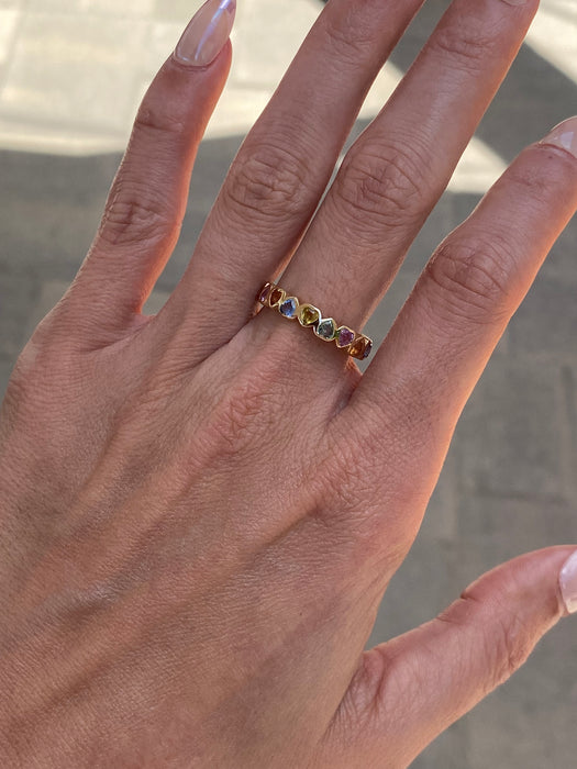 14K Gold Rainbow Sapphire Heart Eternity Ring