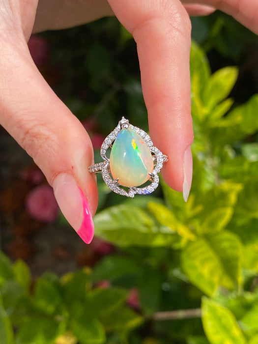 Platinum 900 opal and diamond ring size 6.5