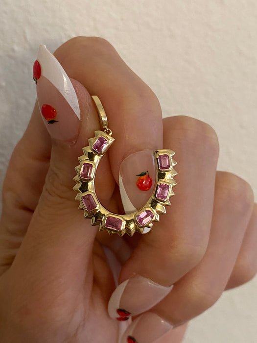 14K Gold Natural Pink Sapphire Horseshoe Charm