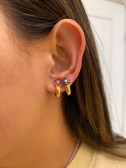 Vintage 18K Ruby Sapphire Diamond Flower Huggie Earrings
