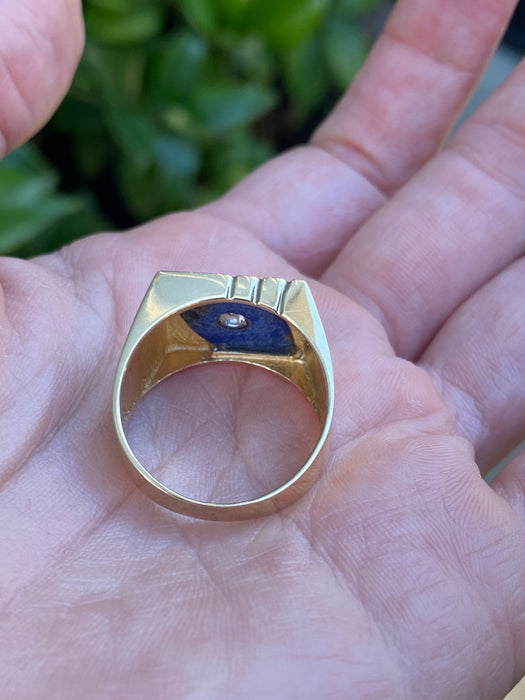 Vintage 14K Gold Lapis Lazuli Signet Ring with Diamond Center – Size 9.75