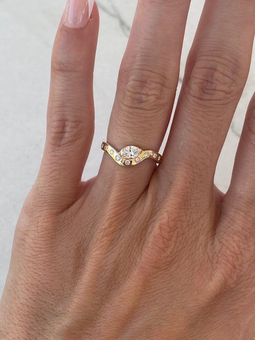14K Gold Wavy Diamond Band with Flush-Set Marquise & Round Diamonds