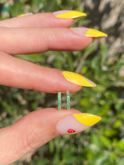 14K Gold 9MM Mini Emerald Huggie Earrings