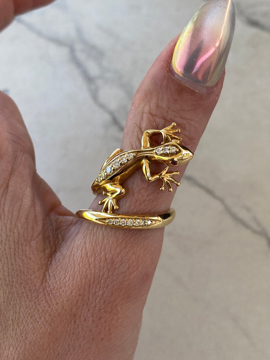 Vintage 18K Gold Diamond & Ruby Lizard Spiral Ring