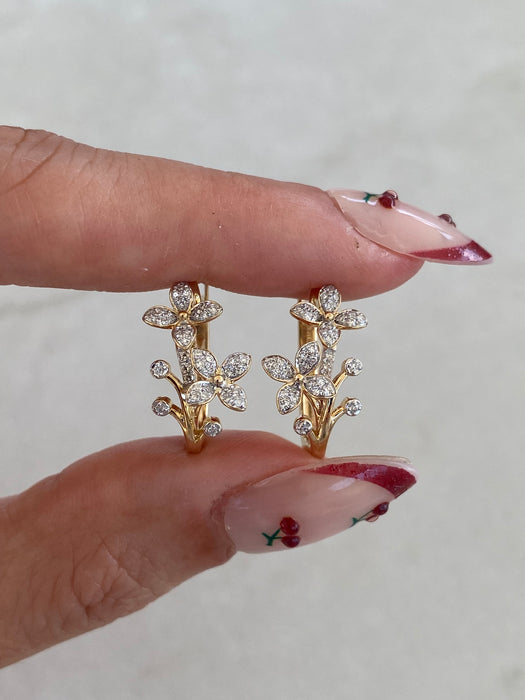 14K Diamond Flower Huggie Earrings