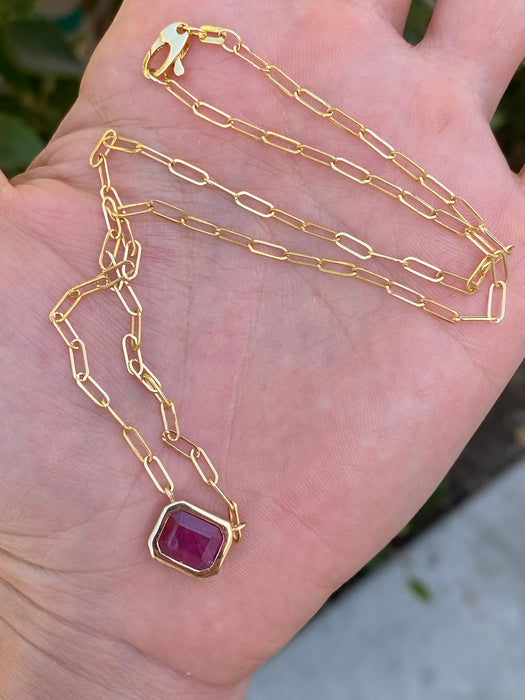 14K Gold Bezel Set Ruby Paperclip Necklace