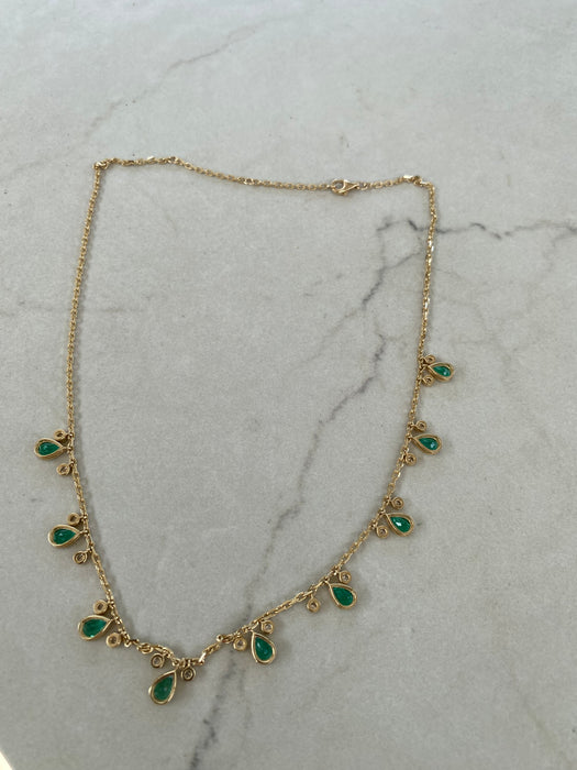 14K Gold Mariner Chain Necklace with Lab-Grown Pear Emerald & Diamond Stations