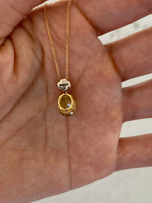 Vintage 18K Gold Oval Sphene & Champagne Diamond Flower Pendant