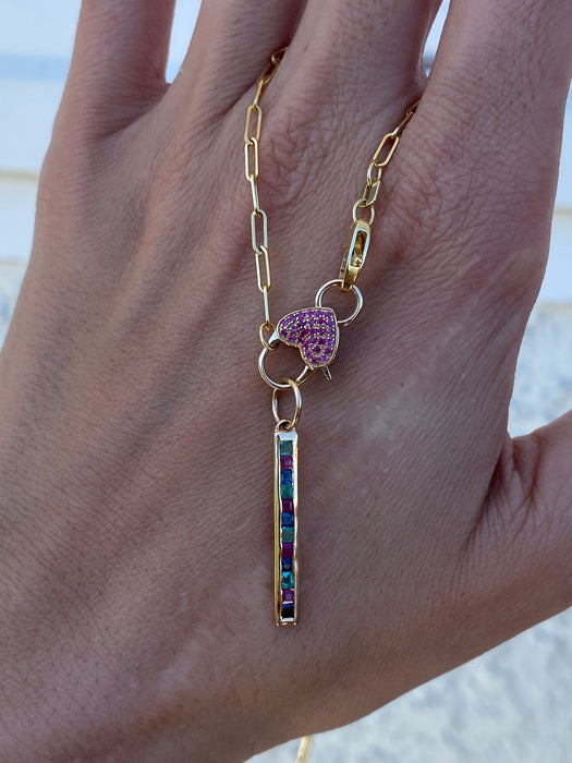 14K Gold Channel Set Emerald, Sapphire & Ruby Bar Pendant – 0.55 TCW Princess Cut Gemstone Pendant