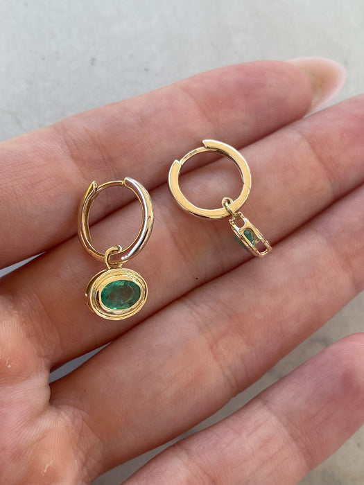 14K Gold Natural Emerald Huggie Earrings with Double Bezel Charms