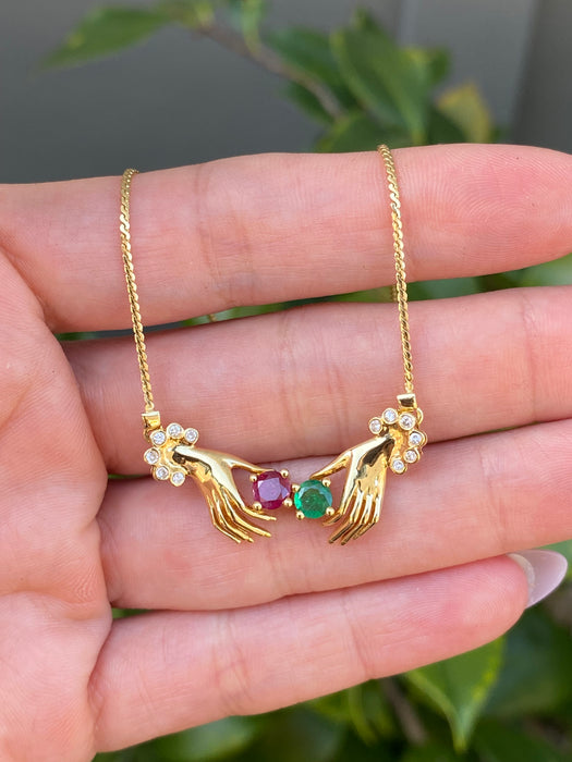 Vintage 18K Gold Hand Necklace with Ruby, Emerald & Diamond Accents – 16.25”