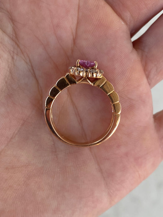 Vintage 18K Rose Gold Pink Sapphire Heart Ring with Diamond Halo – Size 7