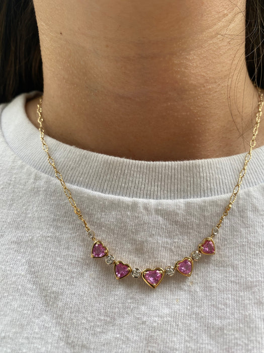 14K Gold Pink Sapphire Heart & Diamond Paperclip Necklace – 2.20 TCW Pink Sapphires
