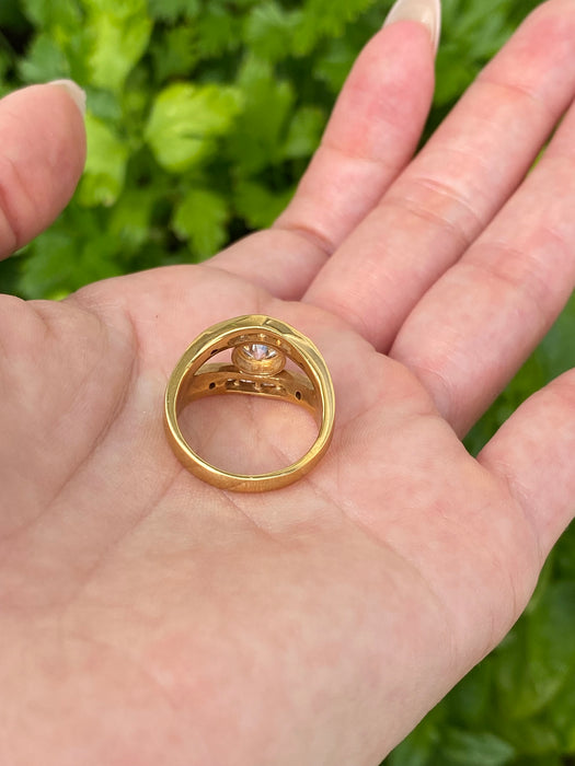 Vintage 18K Gold Diamond Ring – Bezel Set Center with Step Cut Diamonds – 1.38 TCW Natural Diamonds – Size 6