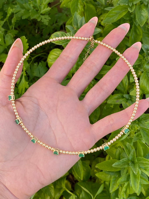 14K Gold Emerald Bead Collar Necklace – 1.40 TCW Emerald Cut Emerald Station Necklace – Adjustable 13–15”