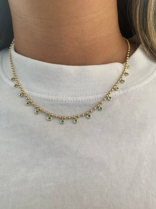 14K Gold Natural Emerald Charm Bead Necklace
