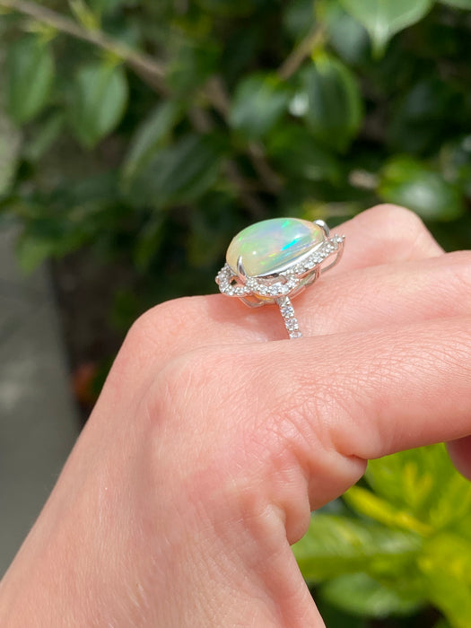 Platinum 900 opal and diamond ring size 6.5