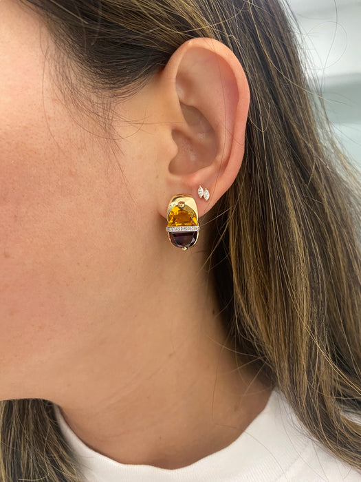Vintage 14K Gold Garnet, Citrine & Diamond Half Moon Earrings with Omega Backs