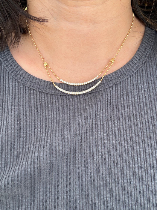 Vintage 18K Gold Bead Chain Necklace with Double Curved Diamond Bar – 1.23 TCW Diamonds, Adjustable 14–15.5”