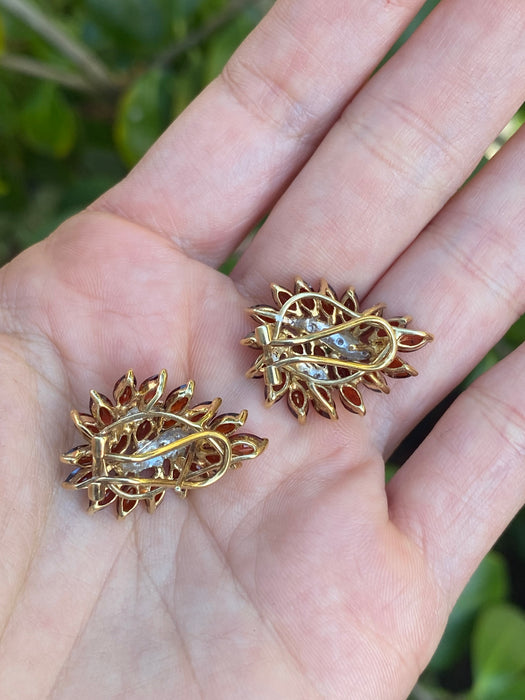 Vintage 14K Gold Marquise Garnet & Diamond Cluster Earrings with Omega Backs