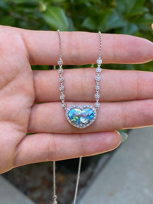 14k white gold blue topaz diamond heart necklace