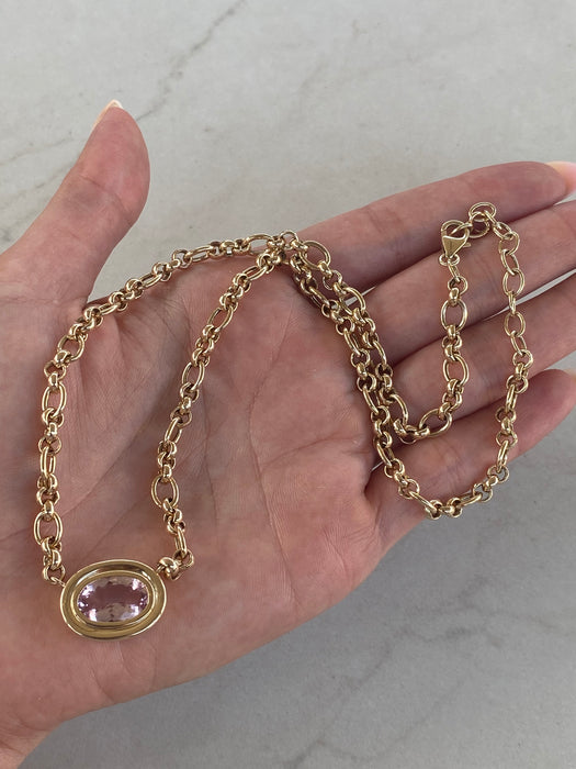 14K East-to-West 3.3 Carat Morganite Double-Bezel Trombone Necklace