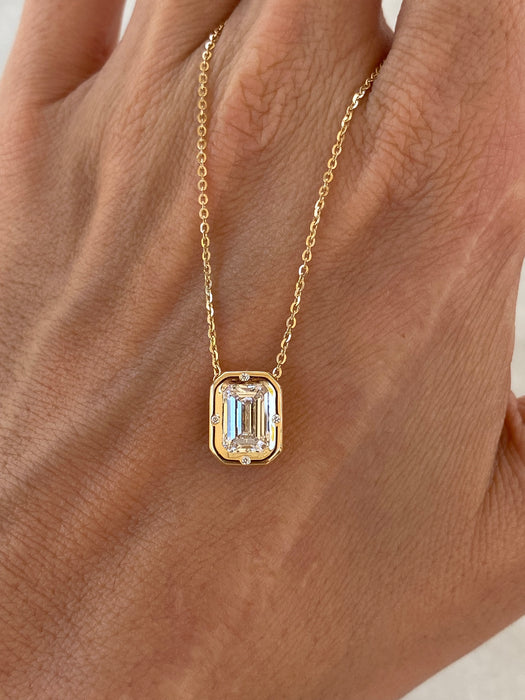 14K Gold 1.51ct Emerald Cut Lab Diamond Bezel Pendant Necklace – IGI Certified