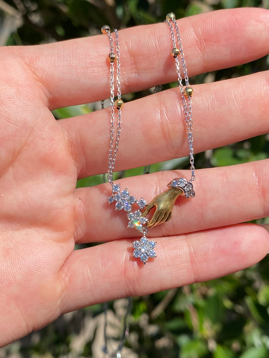 Vintage Two-Tone 18K Platinum 900 Diamond Hand & Flower Necklace