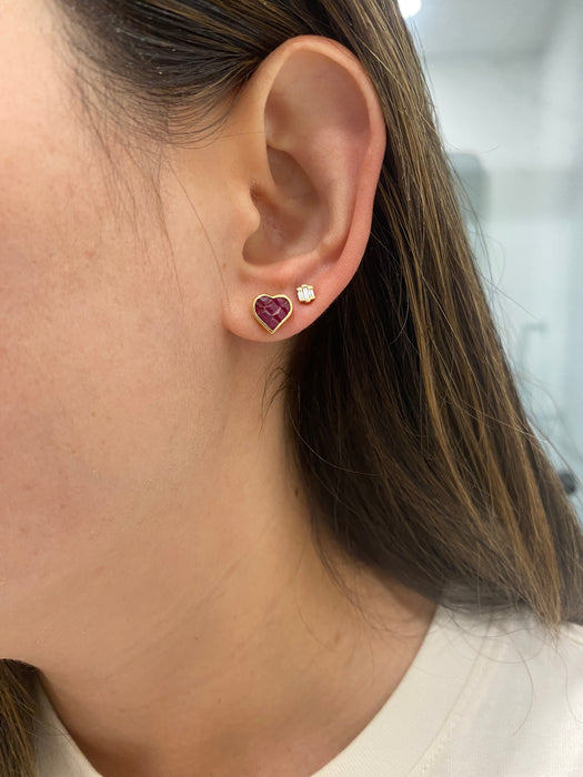 14K Gold Invisible-Set Natural Ruby Heart Stud Earrings
