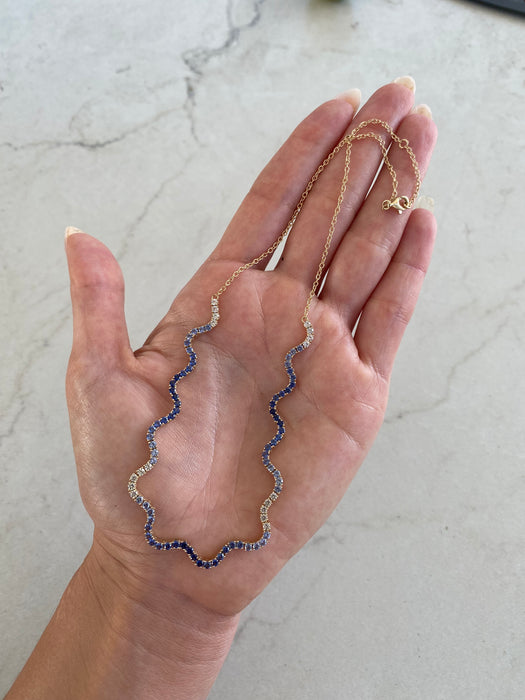 14K Gold Wavy Ombre Blue Sapphire Necklace