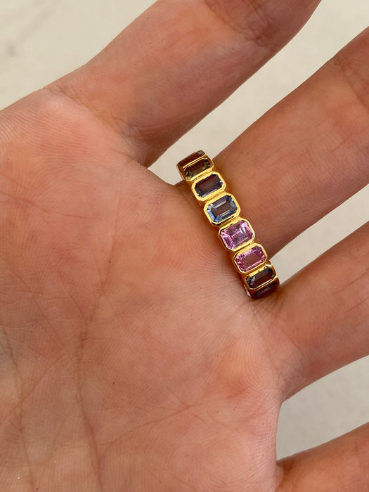 14K Gold 4.89 Carat Rainbow Sapphire Emerald Cut Eternity Ring Size 8