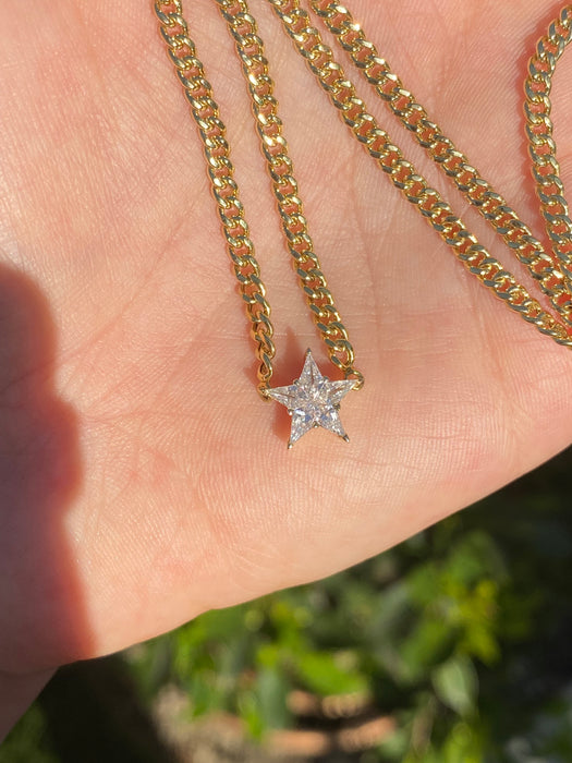 14K Gold Natural Diamond Star Curb Necklace