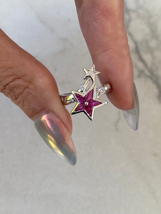 Vintage Platinum 900 Ruby & Diamond Star Ring – Kite-Cut Rubies