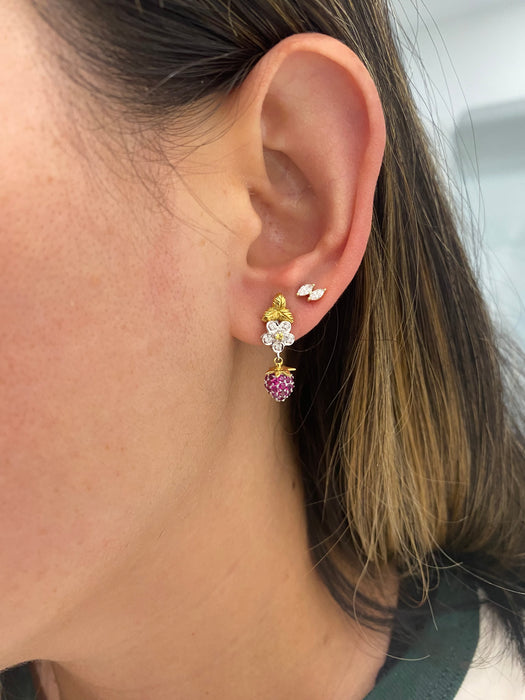 Vintage 18K Two-Tone Ruby, Sapphire & Diamond Strawberry Drop Earrings