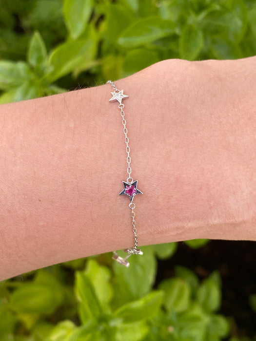 Vintage Platinum Diamond & Ruby Star Bracelet (Adjustable 6.5–7.75”)