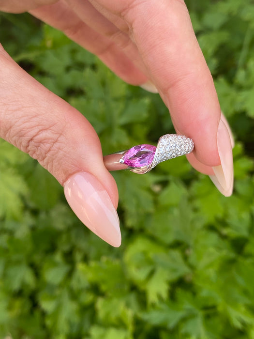 Vintage Platinum 900 Pink Sapphire Pear Ring with Diamonds – Size 10.25