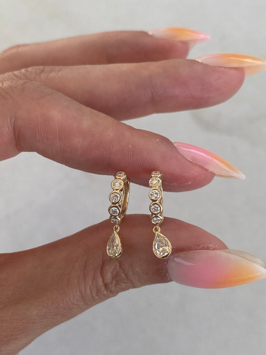 14K Gold Lab Diamond Bezel Huggie Earrings with Pear Drop