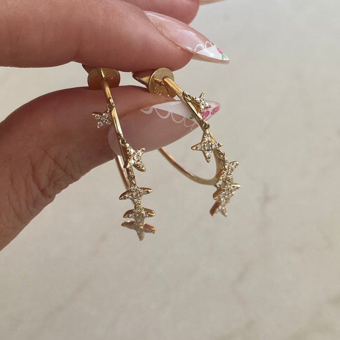 14K Gold Natural Diamond Star Charm J Hoop Earrings