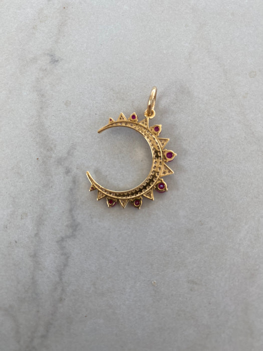 14K Gold Crescent Moon Charm with Ruby & Diamond Accents – 0.89 TCW