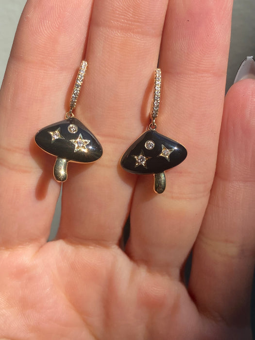 14K Gold Diamond Huggie Earrings with Black Enamel Mushroom Charms